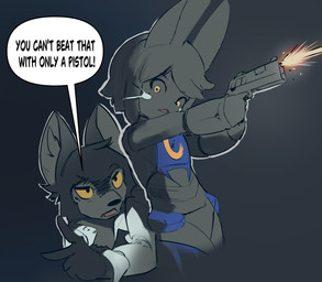 5_fingers aiming amber_eyes anthro armor beretta_92 big_ears biped black_body black_fur black_nose blue_armor cheek_tuft clothing coat dialogue duo exclamation_point eyebrows facial_tuft fangs fighting_pose fingers fluffy fluffy_chest fur gesture grey_body grey_fur gun hand_gesture handgun head_tuft hev_suit hiding_behind_another holding_gun holding_handgun holding_object holding_pistol holding_ranged_weapon holding_weapon inner_ear_fluff lab_coat looking_at_viewer male male/male muzzle_flash open_mouth pistol pose ranged_weapon scientist shooting speech_bubble standing teeth text topwear tuft v_sign weapon whiskers white_clothing white_topwear maiconsandey half-life made_in_abyss valve valve_corporation alex_the_narehate janusz canid canine canis hybrid mammal narehate wolf wolfdog 2026 absurd_res digital_drawing_(artwork) digital_media_(artwork) english_text hi_res portrait sketch