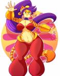 5_fingers anthro armor big_breasts bottomwear bracers breasts cleavage clothed clothing cosplay curvy_figure ear_piercing eyebrows female fingers green_eyes hair long_hair midriff navel open_mouth pants piercing ponytail purple_hair solo standing stripes thick_thighs voluptuous wide_hips jaeh shantae_(series) wayforward loree shantae domestic_cat felid feline felis mammal 2016 absurd_res hi_res signature