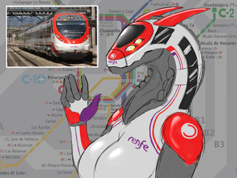 4_eyes anthro big_breasts breasts female glowing glowing_eyes horn looking_at_viewer machine multi_eye not_furry smile solo text train vehicle dhalek how_to_dragon_your_train mythology renfe dragon living_machine living_train living_vehicle mythological_creature mythological_scalie robot scalie 4:3 absurd_res digital_media_(artwork) hi_res spanish_text