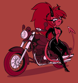 big_breasts bodysuit boots breasts choker clothed clothing female footwear full_cleavage high_heeled_boots high_heels jewelry latex latex_clothing latex_skinsuit motorcycle necklace revealing_breasts shoes shortstack shortstack_female skimpy skinsuit solo tail thick_thighs tight_clothing unzipped vehicle zipper gatojack3 hellaverse helluva_boss millie_(helluva_boss) humanoid imp hi_res