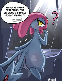 butt female genitals looking_at_viewer nude solo speech_bubble tail text vulva yellow_eyes brradett nintendo pokemon generation_4_pokemon humanoid legendary_pokemon mesprit pokemon_(species) colored digital_drawing_(artwork) digital_media_(artwork) english_text hi_res shaded signature