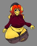 alternate_species anthro belt big_breasts big_ears black_clothing black_eyes black_hat black_headwear bottomwear breasts brown_bottomwear brown_clothing brown_jeans brown_pants brown_thong brown_underwear clothed clothing denim denim_bottomwear denim_clothing eyelashes female floppy_ears freckled_face freckles front_view fur grey_background hair hat headgear headwear huge_breasts jeans jeans_down long_ears lop_ears navel orange_hair pants red_clothing red_sweater red_topwear simple_background slightly_chubby smile solo sweater thick_thighs thong topwear underwear wide_hips yellow_body yellow_fur p0verteils creepypasta friday_night_funkin' step_right_up:_adventure_isle sara_taylor canid canine canis domestic_dog human mammal absurd_res hi_res