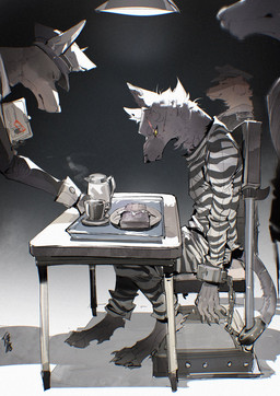 4_toes 5_fingers anthro barefoot beverage bound button_ears candy chair chocolate chocolate_bar claws closed_smile clothing container cup dessert digitigrade eye_scar eyes_closed facial_scar feet finger_claws fingers floppy_ears food fur furgonomic_hat furgonomic_headwear furgonomics furniture grey_body grey_fur group holding_object holding_paper holding_tray last_meal looking_at_food looking_at_object male mouth_closed on_chair overhead_lighting paper pattern_clothing plate police police_hat prison_uniform prisoner resigned scar shackled sitting sitting_on_chair smile solo_focus steam striped_clothing stripes table tail_scar toe_claws toes yellow_eyes chiayeeee bird_dog canid canine canis dobermann domestic_dog golden_retriever hunting_dog mammal pinscher retriever wolf 2025 digital_drawing_(artwork) digital_media_(artwork) hi_res signature