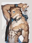 3:4 abs absurd_res anthro biceps bottomwear canid canine claws clothing collar countershading fur hair hi_res male mammal muscular nipples pecs simple_background solo ty_arashi
