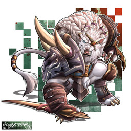 abstract_background anthro armor beard blue_eyes bodily_fluids braided_hair claws clothed clothing drooling facial_hair fangs finger_claws front_view fur hair holding_melee_weapon holding_object holding_sword holding_weapon long_hair male melee_weapon muscular muscular_anthro muscular_male open_mouth saliva solo sword teeth weapon whiskers white_body white_fur white_hair crazydrak felid lion mammal pantherine 1:1 absurd_res hi_res