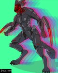 4_ears anthro cyberpunk featureless_crotch glowing logo machine male mantis_blades metallic_body multi_ear robotic sandevistan solo synthetic_muscles weapon wrist_blade zulu_uwu arasaka cd_projekt_red cyberpunk_2077 protogen robot 4:5 absurd_res hi_res