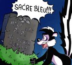 anonymous_artist anthro beavis_and_butt-head black_body black_fur black_nose daffy_duck dialogue digital_media_(artwork) english_text french_text fur grass humor looney_tunes male mammal meme mephitid multicolored_body multicolored_fur parody pepe_le_pew plant raised_tail sacrebleu skunk solo speech_bubble striped_skunk tail teeth text tombstone translated warner_brothers white_body white_fur