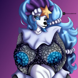 areola big_areola big_breasts black_lips black_sclera blue_hair blue_nipples breasts clothing female gem glowing glowing_eyes hair huge_areola huge_breasts lips long_hair nipples one_eye_closed pearl_(gem) pokemorph solo translucent translucent_clothing zortrex nintendo pokemon aquatic asterozoan echinoderm generation_7_pokemon pokemon_(species) primarina starfish 1:1 absurd_res hi_res