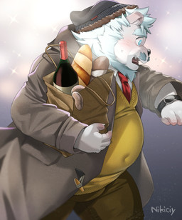 anthro belly black_nose blue_eyes blush bread clothing facial_hair food fur hat headgear headwear humanoid_hands kemono male mustache navel overweight overweight_male shirt solo topwear white_body white_fur nikiciy bear mammal polar_bear ursine 2021 hi_res