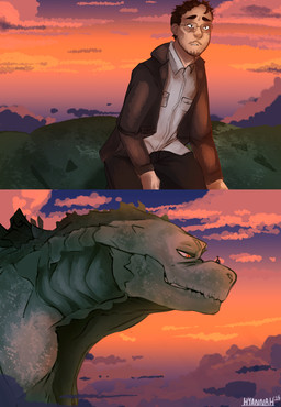 duo feral male riding size_difference sunset hyannah godzilla_(series) monsterverse toho godzilla human mammal scalie 2014