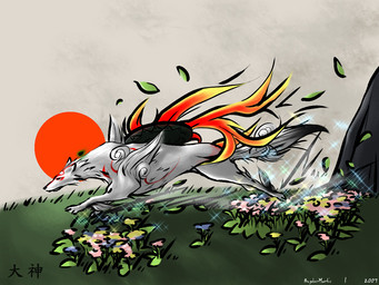 detailed_background female feral fur outside solo sun tail toony white_body white_fur angelus-mortis capcom clover_studio okami_(capcom) amaterasu_(okami) canid canine canis deity mammal wolf 2007 4:3 wallpaper