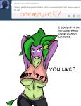 anthro anthrofied arms_above_head breasts clothed clothing crossgender dragon english_text female fishnet_clothing friendship_is_magic green_eyes half-closed_eyes hasbro heart_symbol inuyuru looking_at_viewer midriff my_little_pony mythological_creature mythological_scalie mythology narrowed_eyes navel no_pupils non-mammal_breasts scalie simple_background skimpy smile solo spike_(mlp) text tumblr under_boob white_background