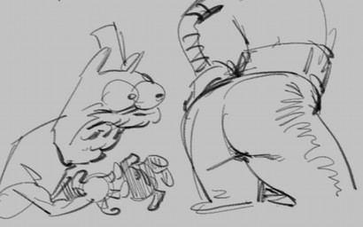 4_fingers anthro butt clothing duo fingers grey_background hand_on_hip hat headgear headwear looking_at_butt machine male male/male male_anthro male_humanoid simple_background stare wide_eyed rekkadraws undertale undertale_(series) burgerpants mettaton android humanoid mammal robot 2025 digital_drawing_(artwork) digital_media_(artwork) monochrome sketch