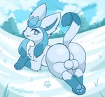 balls big_balls blep butt cloud feral footprint genitals male neck_tuft pawpads pawprint phone_drawing presenting snow solo sploot tongue tongue_out tuft fluffydasher nintendo pokemon eeveelution generation_4_pokemon glaceon pokemon_(species)