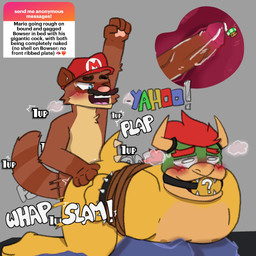 anthro ball_gag bdsm bondage bound clothing duo fur gag gagged genitals hat headgear headwear humanoid_genitalia humanoid_penis male male/male male_penetrated male_penetrating nipples nude penetration penis sex simple_background tail text vein veiny_penis x-ray_view mrpawpaw mario_bros ngl nintendo bowser mario koopa scalie 1:1 digital_media_(artwork) english_text hi_res