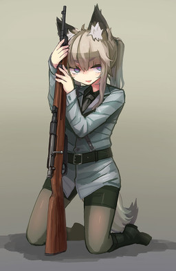 animal_ears belt black_body black_fur blonde_hair blue_eyes boots clothed clothing cute_fangs fangs female fluffy fluffy_tail footwear fully_clothed fur gun hair holding_gun holding_object holding_ranged_weapon holding_rifle holding_weapon inner_ear_fluff kneeling military_uniform necktie open_mouth ponytail ranged_weapon rifle shoes simple_background solo tail tan_body tan_fur teeth tuft uniform weapon white_body white_fur deadflow animal_humanoid canid canid_humanoid canine canine_humanoid fox_humanoid humanoid mammal mammal_humanoid tailed_humanoid 2015