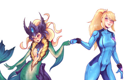 armor black_sclera blue_eyes bodysuit breasts clothing crown duo female female/female fist_bump gesture gorget hair happy headgear jewelry long_hair necklace ponytail red_eyes skinsuit smile split_form tight_clothing zero_suit ikaatako league_of_legends metroid nintendo riot_games tencent nami_(lol) samus_aran aquatic human humanoid mammal merfolk absurd_res crossover hi_res