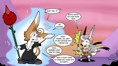 after_transformation bottomwear clothing dialogue dog_tags duo footwear fur holding_object holding_weapon implied_transformation magical_transformation melee_weapon pants shirt shoes shorts shrinking_out_of_clothes speech_bubble staff striped_body striped_fur stripes sword text topwear touching_ear transformation weapon white_body white_fur trevor-fox ever_oasis nintendo erakir_(character) lagora 16:9 english_text hi_res widescreen