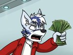 anthro black_nose blue_eyes chest_tuft clothed clothing eyebrows fur grey_body grey_fur holding_money holding_object inside jacket male money multicolored_body multicolored_fur open_mouth purple_body purple_fur solo teeth tongue topwear tuft wall_(structure) white_body white_fur arrwulf comedy_central futurama shut_up_and_take_my_money canid canine canis mammal wolf 2020 4:3 meme