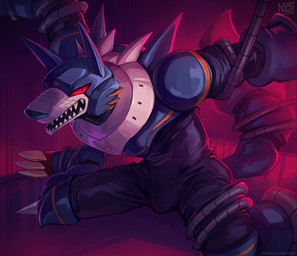 anthro bdsm blue_body bondage bound bulge fangs kneeling looking_at_viewer machine male red_eyes red_sclera sharp_teeth solo submissive submissive_anthro submissive_male teeth text white_body nurinaki capcom mega_man_(series) mega_man_star_force wolf_woods canid canine canis mammal robot wolf 2024 signature url