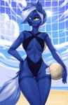 amber_eyes anthro ball beach belly_cutout blue_body blue_fur blue_hair breasts cleavage clothed clothing cutie_mark cutout female fur hair holding_object holding_weapon navel one-piece_swimsuit outside seaside solo swimwear under_boob volleyball_(ball) weapon white_hair u_lu_lu hasbro my_little_pony dark_straw fan_character equid equine horse hybrid mammal pony zebra zony hi_res