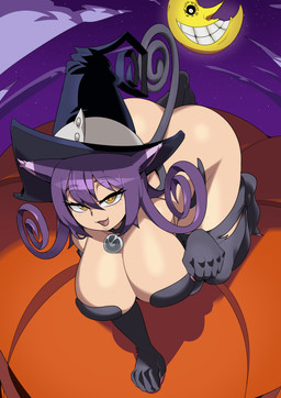 5_fingers all_fours animal_ears bedroom_eyes big_breasts breasts butt clothing cloud curled_tail eyebrow_through_hair eyebrows eyelashes female female_humanoid fingers food front_view fruit hair hat headgear headwear holidays looking_at_viewer magic_user moon narrowed_eyes night open_mouth open_smile paw_pose plant pose pumpkin purple_ears purple_hair purple_sky seductive sky smile solo tail tan_body tan_skin teeth translucent translucent_hair white_sclera witch witch_hat captainkirb halloween soul_eater blair_(soul_eater) moon_(soul_eater) animal_humanoid cat_humanoid felid felid_humanoid feline feline_humanoid humanoid mammal mammal_humanoid 2025 absurd_res digital_media_(artwork) full-length_portrait hi_res pinup portrait