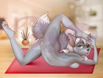 anthro blurred_background breasts eye_patch eyebrows eyelashes eyewear feet female flexible floor_mat fluffy fluffy_tail foot_grab fur genitals grey_body grey_fur hair looking_at_viewer one_eye_closed pawpads pink_pawpads plant ponytail pussy smile solo tail white_hair yellow_eyes yoga manika_nika mokaru canid canine fox mammal 2021 4:3 absurd_res digital_media_(artwork) hi_res