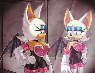 altered_reflection anthro armwear boots breasts cleavage clothed clothing elbow_gloves eyeshadow female footwear fur gloves hair handwear looking_at_reflection makeup membrane_(anatomy) membranous_wings mirror reflection shoes skinsuit solo standing tail tight_clothing wings lemon_eyebrows sega sonic_the_hedgehog_(series) rouge_the_bat bat mammal absurd_res digital_media_(artwork) hi_res