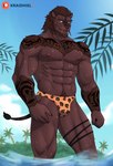 abs anthro beard big_muscles brown_body brown_fur brown_hair clothing facial_hair fur hair male muscular muscular_anthro muscular_male nipples outside pubes solo thong underwear kraidhiel final_fantasy final_fantasy_xiv square_enix felid hrothgar mammal hi_res