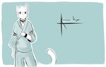 anthro bell bell_collar black_eyes bracelet collar fur jewelry jinbei_(clothing) jingle_bell long_sleeves looking_at_viewer male solo standing tail text white_body white_fur white_tail tohfu kyo_(tohfu) domestic_cat felid feline felis mammal character_name