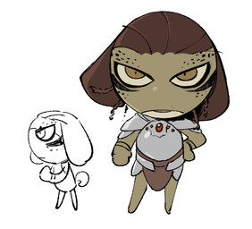 anthro brown_hair chibi female hair humor markings solo spots spotted_body yellow_body yon13498812 baldur's_gate baldur's_gate_3 bioware dungeons_and_dragons electronic_arts hasbro larian_studios sgt._frog wizards_of_the_coast lae'zel amphibian frog
