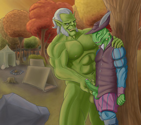 abs autumn balls bard clothed clothing duo facial_hair fondling foreskin forest genitals glans green_balls green_body green_penis grey_hair hair hat headgear headwear interspecies male male/male muscular nude partially_retracted_foreskin penis pink_glans plant tree tusks vein noodlewd bethesda_game_studios microsoft skyrim sultry_argonian_bard the_elder_scrolls croon-tail argonian humanoid orc scalie hi_res