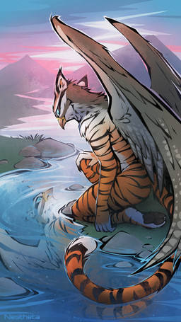 anthro beak biped butt claws feathers feet fingers fur kneeling male mountain nude nude_anthro nude_male outside paws sky solo stripes tail toes water wings neotheta mythology avian gryphon mythological_avian mythological_creature 2026 9:16 digital_drawing_(artwork) digital_media_(artwork) hi_res