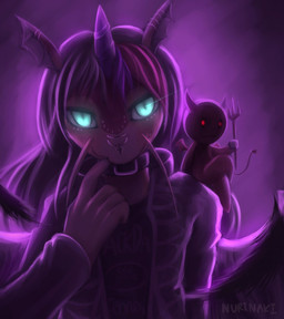:3 anthro blue_eyes collar cross duo feathered_wings feathers glowing glowing_eyes horn male membrane_(anatomy) membranous_wings piercing pitchfork red_eyes shirt_logo sitting smile spade_tail tail tools wings nurinaki demon hi_res purple_theme signature