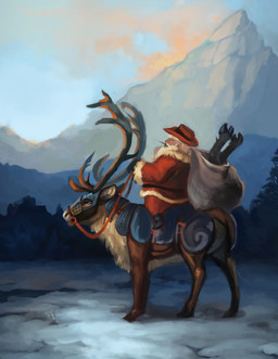 bridle clothed clothing day detailed_background duo feral harness holidays horn mount outside reins riding saddle sky alradeck conditional_dnp christmas santa_claus deer human mammal new_world_deer reindeer 2014 absurd_res digital_media_(artwork) hi_res