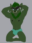 3_toes anthro belly big_biceps big_deltoids big_muscles big_pecs black_eyebrows black_nipples black_nose blue_eyes briefs briefs_only bulge cheek_tuft chin_tuft clothed clothed_anthro clothed_male clothing deltoids detailed_bulge eyebrows facial_tuft feet front_view fur green_arms green_belly green_body green_briefs green_chest green_clothing green_face green_feet green_fur green_hands green_legs green_mane green_pseudo_hair green_pubes green_toes green_underwear grey_background happy humanoid_feet kneeling looking_at_viewer looking_forward male mane muscular muscular_anthro muscular_arms muscular_male muscular_thighs navel nipples obliques open_mouth open_smile pecs plantigrade pseudo_hair pubes serratus simple_background skimpy smile smiling_at_viewer solo toes topless topless_anthro topless_male tuft underwear underwear_only bristol mammal colored digital_drawing_(artwork) digital_media_(artwork) flat_colors full-length_portrait green_theme portrait