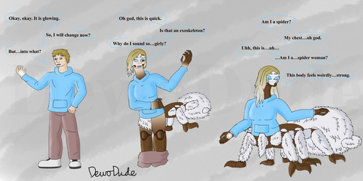 arthropod_abdomen blonde_hair blue_eyes chelicerae clothing dialogue female fur gender_transformation hair male mtf_transformation speech_bubble text transformation transformation_through_magic white_body white_fur white_hair dewodude arachnid arachnid_taur arthropod arthropod_taur human mammal spider spider_taur taur english_text hi_res