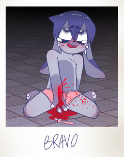 anthro blood blood_puddle bodily_fluids border briefs clothing crying gore male open_mouth open_smile pain pink_briefs pink_clothing pink_underwear self-harm smile solo tears underwear white_border young young_male bravobunny lagomorph leporid mammal rabbit full-length_portrait portrait