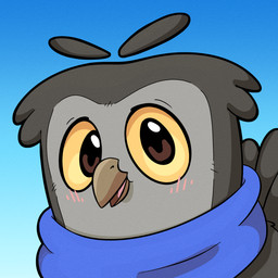 abstract_background anthro beak blue_background brown_eyes feathers grey_body grey_feathers open_mouth scarf simple_background smile smiling_at_viewer solo tongue yellow_sclera alitreot trevor-fox avian bird owl 1:1 hi_res