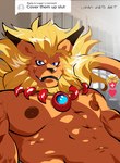 abs anthro blonde_hair hair humor male mane mane_hair muscular muscular_anthro muscular_male nipples pecs smile solo text logan_sato logansatoart bandai_namco cover_them_up_slut digimon digimon_(species) felid leomon lion mammal pantherine absurd_res digital_media_(artwork) english_text hi_res meme