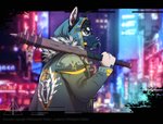 abstract_background alternative_fashion anthro bat_(object) city clothed clothing cyberpunk dystopia fur gang gangster headgear looking_at_viewer male mask outside punk simple_background solo streetwear stylized_background techwear topwear weapon kikonine killingtea cd_projekt_red cyberpunk_2077 kiko_(kikonine) canid canine canis domestic_dog mammal digital_media_(artwork)