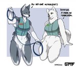 bottomless bottomless_female clothed clothing duo featureless_crotch female fluffy fur grey_body grey_fur leash white_body white_fur gasmaskfox sasha_(gasmaskfox) vika_(gasmaskfox) canid canine canis domestic_dog husky mammal nordic_sled_dog samoyed siberian_husky spitz