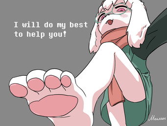 4_toes anthro blush clothing eyewear feet floppy_ears foot_fetish fur genitals glasses humanoid_feet male pawpads paws pink_eyes plantigrade robe scarf solo text toes white_body white_fur milinkapro deltarune undertale_(series) ralsei bovid caprine goat mammal 4:3 english_text hi_res