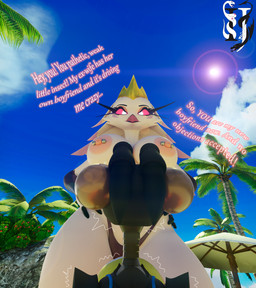 angry antennae_(anatomy) anthro beach beach_umbrella big_breasts black_clothing black_panties black_underwear blue_sky breasts clothed clothing cloud crown duo female hands_on_hips headgear light light_beam looking_down looking_down_at_another low-angle_view male nipple_piercing nipples non-mammal_breasts non-mammal_nipples outside palm_tree panties parasol piercing pink_eyes pink_nipples plant shaking sky sun sunbeam sunlight talking_to_another text thick_thighs topless topless_anthro topless_female tree trembling underwear wide_hips impaer_jaster luiske476_(modeler) valorlynz_(modeler) hellaverse helluva_boss dizzy_(artlegionary) stella_(helluva_boss) anatid anseriform anserinae arthropod avian bird insect mantis swan 3d_(artwork) digital_media_(artwork) english_text hi_res watermark