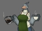 accessory anthro apron barista beak beverage big_beak big_breasts breasts clothed clothing coffee coffee_mug coffee_pot curvy_figure eyes_closed feathers female green_apron green_clothing grey_background grey_body grey_feathers hair_accessory hair_tie head_feathers huge_breasts mature_anthro mature_female open_mouth orange_beak simple_background slightly_chubby smile solo sweater tail tail_feathers thick_thighs topwear turtleneck voluptuous voluptuous_anthro voluptuous_female wide_hips winged_arms wings seb_valenz sheila_(seb_valenz) avian bird pelecaniform shoebill hi_res