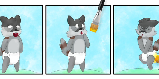 ageplay anthro bodily_fluids chibi cloth_diaper clothed clothing diaper embarrassed fur genital_fluids humiliation infantilism male open_mouth peeing roleplay simple_background smile solo unclean_diaper urine used_diaper wearing_diaper wet_diaper wetting young young_anthro ahcocqui mammal procyonid raccoon absurd_res comic digital_media_(artwork) hi_res