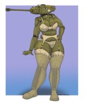 anthro big_breasts blue_eyes breasts clothing female garter_belt garter_straps green_body hand_on_hip legwear looking_at_viewer m26_pershing machine slightly_chubby slightly_chubby_female solo stockings tan_clothing tank vehicle wide_hips panzerschreckleopard scarlett_(panzerschreckleopard) living_machine living_tank living_vehicle 2024 5:6 absurd_res colored hi_res