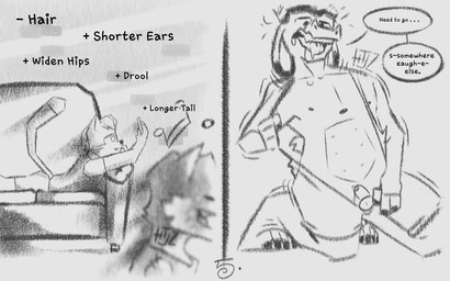 4_fingers anthro apartment balding balls bodily_fluids clothing dialogue dripping drooling duo ear_shrinkage fingers furniture genital_fluids genitals humanoid_genitalia humanoid_penis kneeling long_tail looking_at_device looking_down male micropenis nipples open_mouth penis precum protective_suit pull_out quiff_(hairstyle) saliva saliva_drip singing small_penis sofa solo speech_bubble sweater tail teats text topwear transformation transformation_through_technology udders valken_holmes jhon_(jhon's_story) thomas_(thomas's_story) zandriel_(storytale) bovid bovine canid canine canis caprine cattle felid feline goat mammal wolf 16:10 comic english_text hi_res watermark widescreen