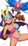 ambiguous_gender blonde_hair blue_clothing clothed clothing duo eyebrows eyelashes feet female feral gloves hair handwear larger_female larger_human looking_at_viewer navel size_difference skimpy smaller_ambiguous smaller_feral talons toes revenant_(artist) shantae_(series) wayforward sky_(shantae) avian bird human mammal 2022 hi_res signature