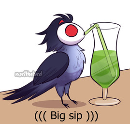 beak bendy_straw black_body black_feathers caption container cup drinking drinking_glass drinking_straw empty_eyes feathers feral feralized fluffy fluffy_chest glass glass_container glass_cup green_liquid grey_body grey_feathers male red_eyes solo tail tail_feathers text white_face wings norithelord hellaverse helluva_boss stolas_(helluva_boss) avian bird demon owl owl_demon 2021 english_text